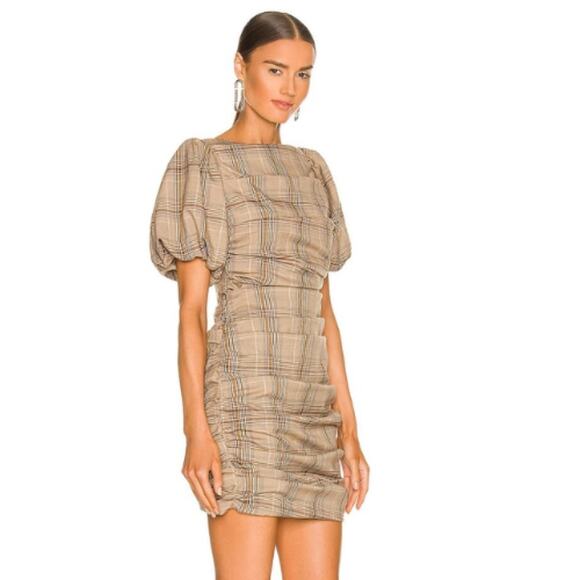 MAJORELLE Darlene Mini Dress in Tan Plaid NWT Size Small - Picture 2 of 3